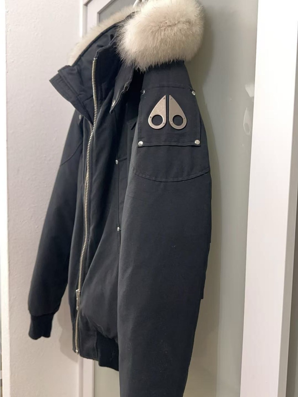 Moose Knuckles Black Jacket with Cream Fur Hood